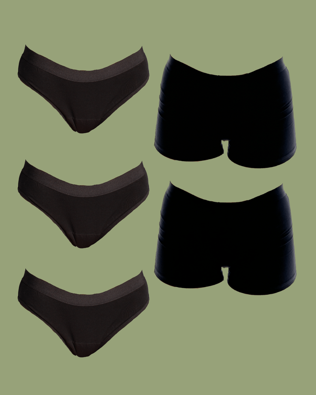 Collage of 3 Black Classic POM Period Underwear and 2 Black Boyleg POM Period Underwear - making up the Got You Covered Pack 